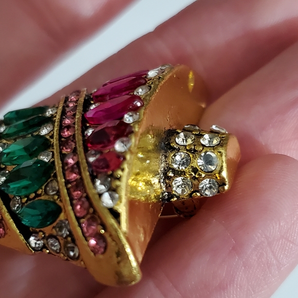 AMAZING Christmas tree brooch glass rhinestones marquis vintage style gold big - Picture 10 of 11